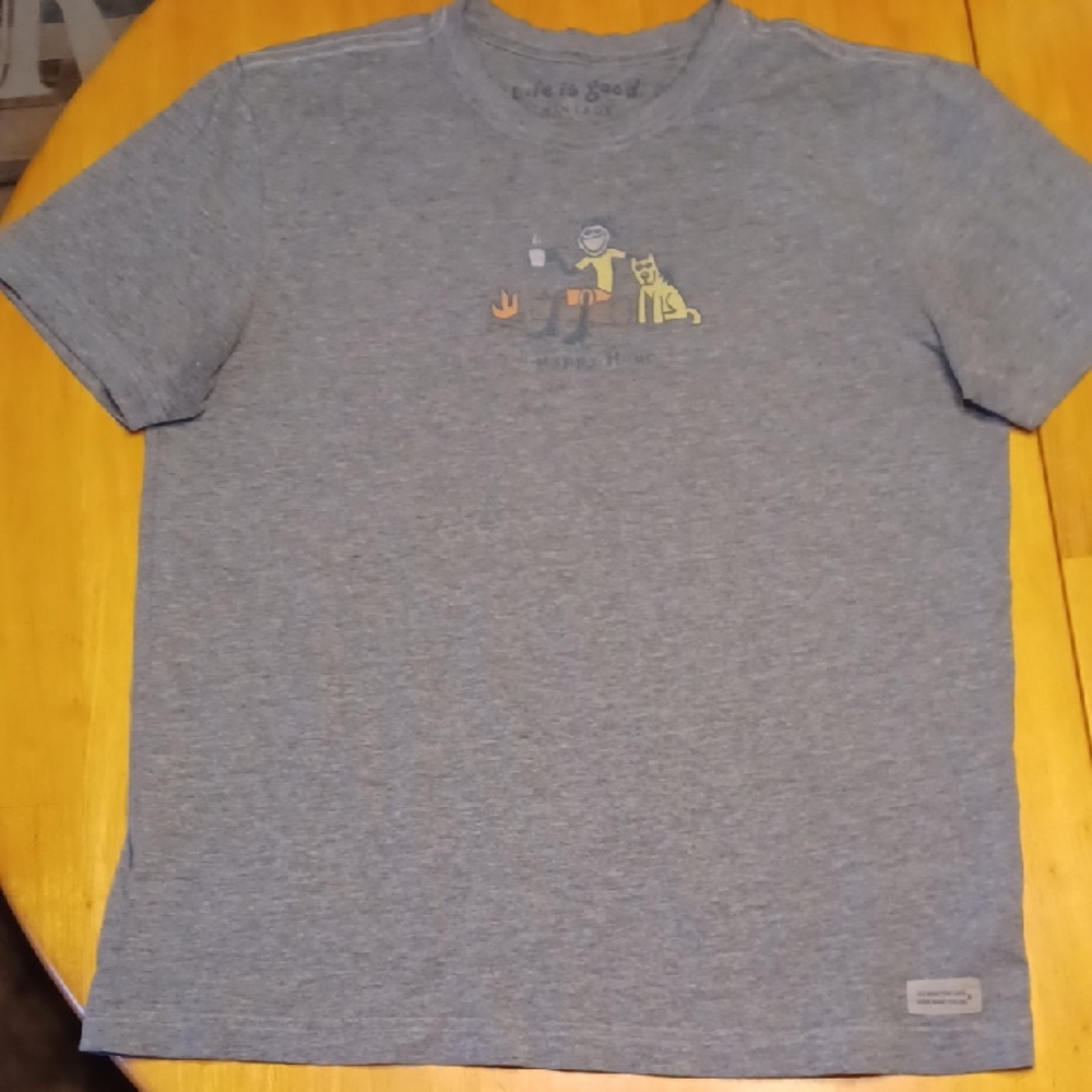 Life Is Good Heather Gray Short Sleeve Tee with Camping Dog Graphic